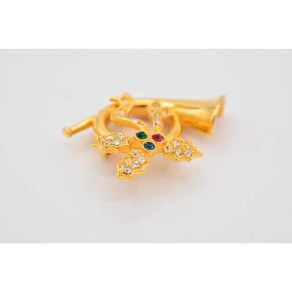 Merksamer Vintage Horn Pin Brooch Rhinestone Crystal Gold Tone Signed 90s BinAT - Picture 8 of 12